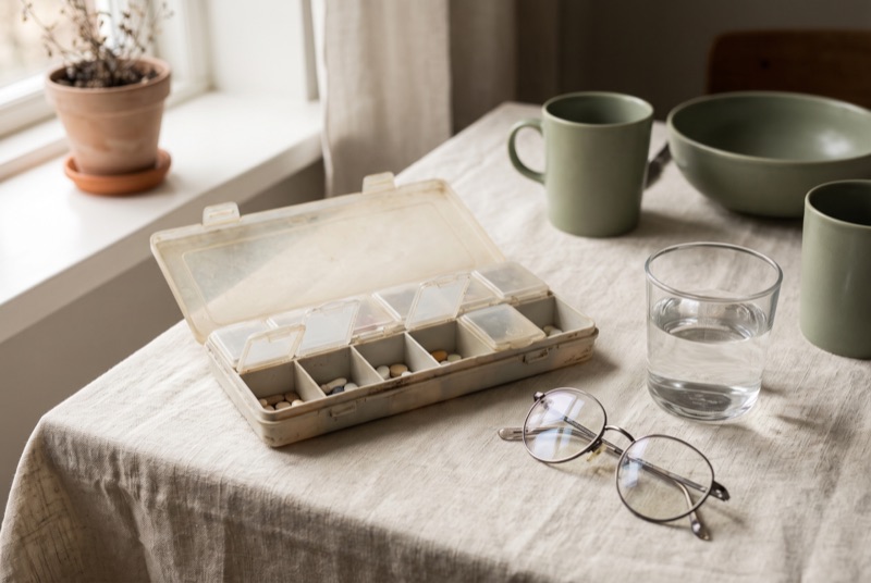 A weekly medicine organiser, reading glasses and a glass of water on a linen-covered kitchen table